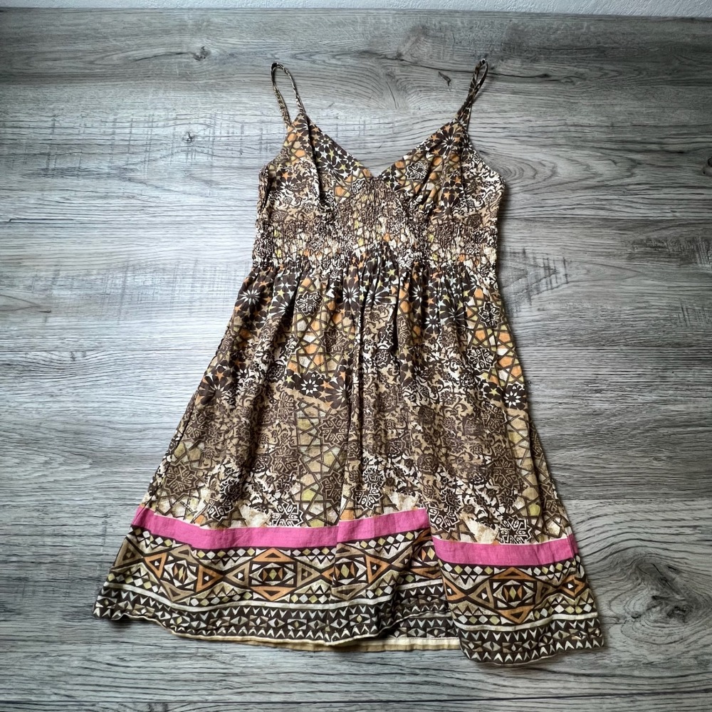 Angie Sundress Womens Small Brown Geometric Boho Smocked Cotton Mini Dress